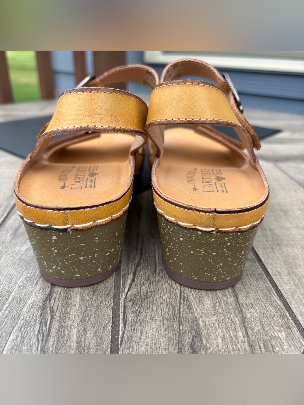 L'Artiste Spring Step 38 US 8 Natural Yellow Leather Wedge Sandal Roshni NWOB - Picture 9 of 11